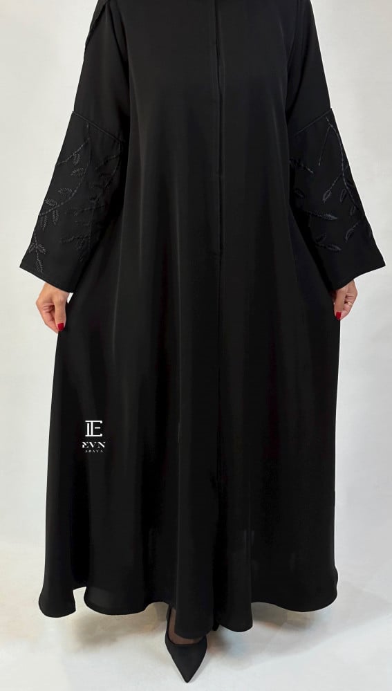 Loose soft abaya - embroidered sleeves black EN47