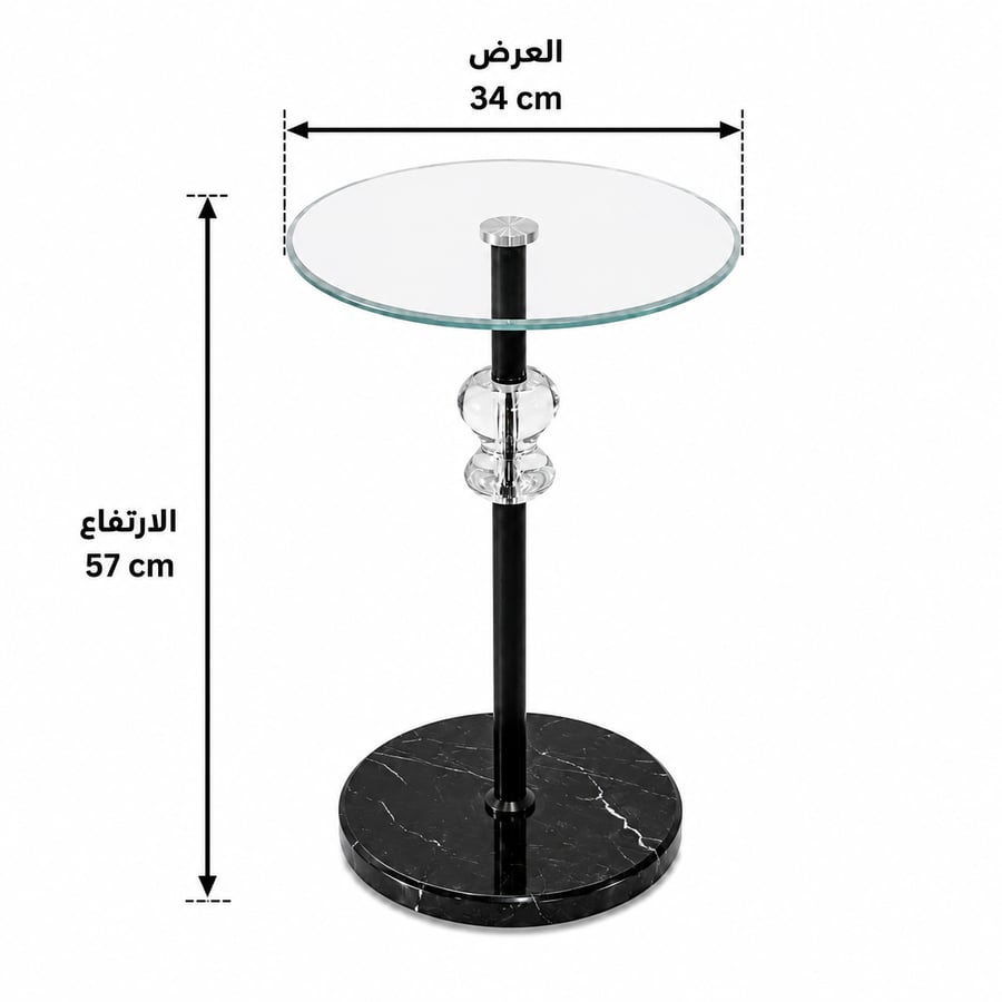 طاولة جانبية زجاجية رخامية دائرية باللون الشفاف والأسود