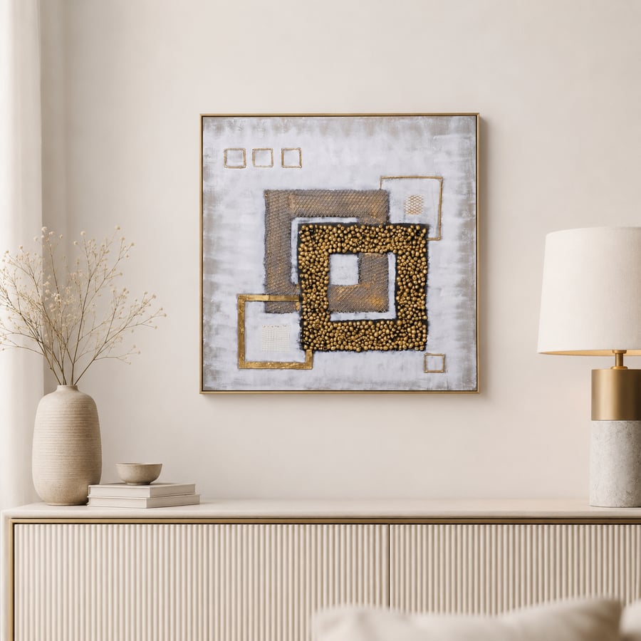 لوحة حائط مربعة بإطار ذهبي مقاس 100 × 100 سم