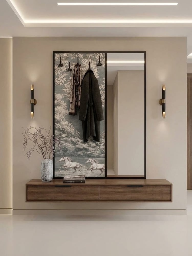 لوحة جدارية مودرن مع مرآة وعلاقة ملابس بتصميم عصري