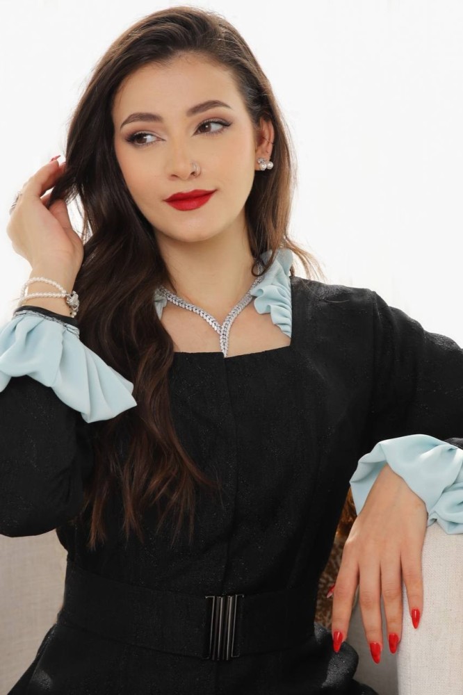 Black dress with long sleeves and chiffon in sky blue