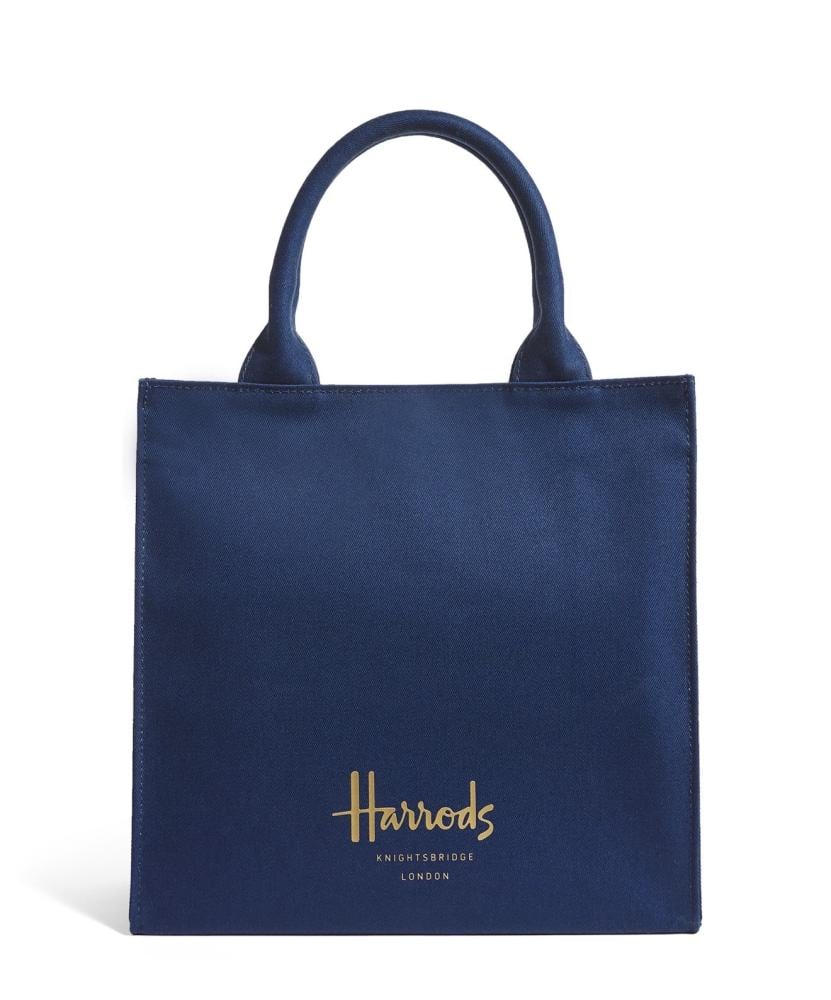 شنطة يد Harrods هارودز  الأصلية 100% من شركة هارودز لندن - قطن كحلي سادة بشعار ذهبي،، حجم صغير،