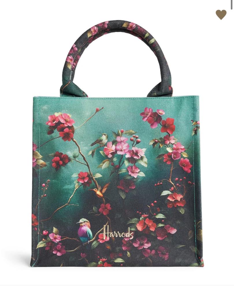 شنطة هارودز Harrods الأصلية – قطن – أخضر – حجم صغير – طيور استوائية وقهوة Decaf  .