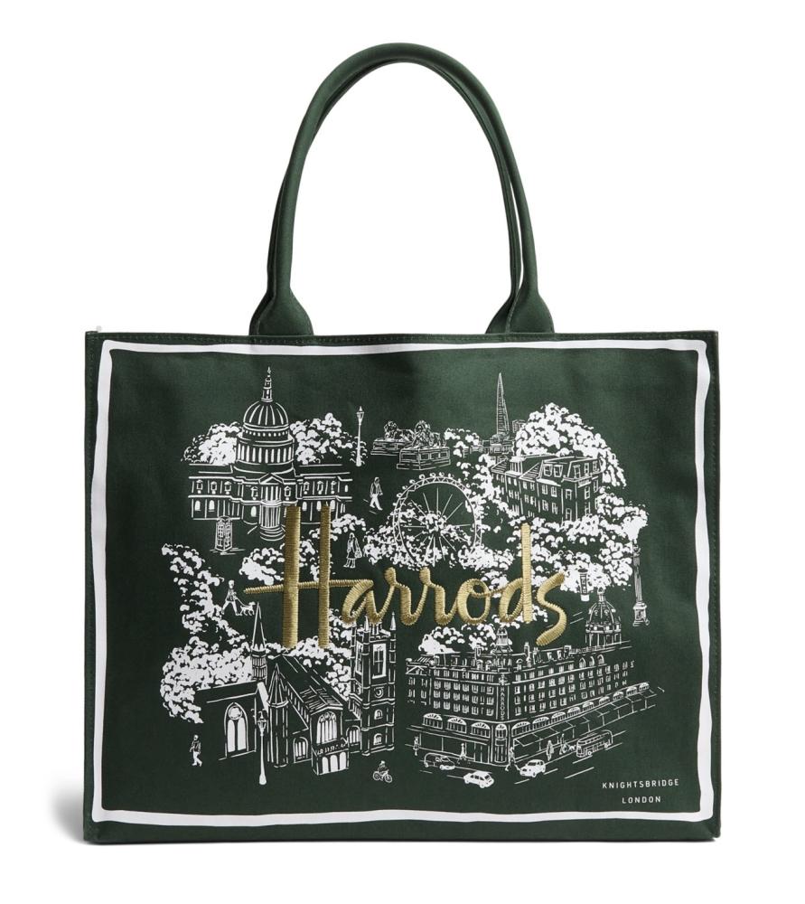 شنطة هارودز Harrods الأصلية – قطن – أخضر – حجم كبير – معالم لندن وشعار مطرز