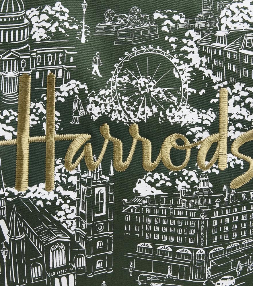 شنطة هارودز Harrods الأصلية – قطن – أخضر – حجم كبير – معالم لندن وشعار مطرز