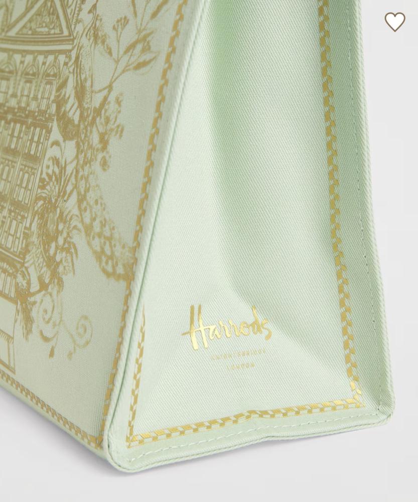 شنطة يد Harrods هارودز الأصلية 100% -  كانفس - لون اخضر فاتح بنقشة ذهبية - حجم صغير - من شركة هارودز ، لندن.
