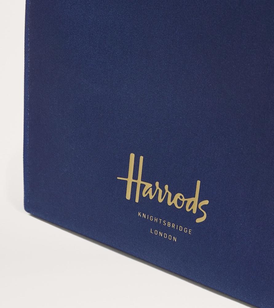 شنطة يد Harrods هارودز  الأصلية 100% من شركة هارودز لندن - قطن كحلي سادة بشعار ذهبي،، حجم صغير،
