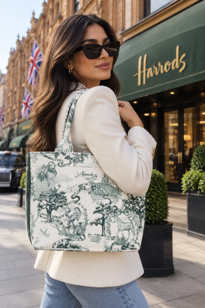 حقيبة هارودز Harrods الأصلية 100%، قطن - أوف وايت - لون اخضر، حجم وسط. من شركة هارودز - لندن.