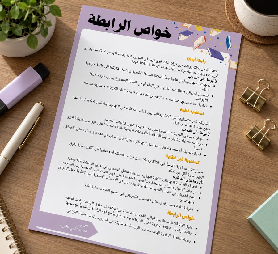 الفصل4 : الروابط التساهمية ( خواص الرابطة )- كيمياء 2-1 -ثاني ثانوي