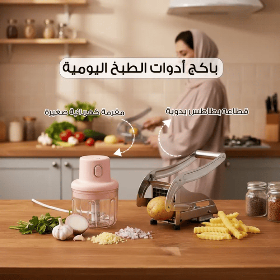 باكج أدوات الطبخ اليومية ( قطاعه بطاطس يدوية + مفرمة كهربائية صغيرة )