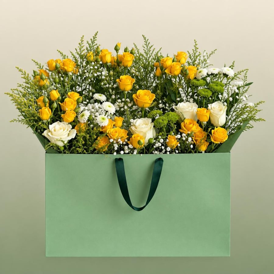 شمس الصباح - بوكس بيبي روز أصفر وجوري أبيض مع كريسنتيموم