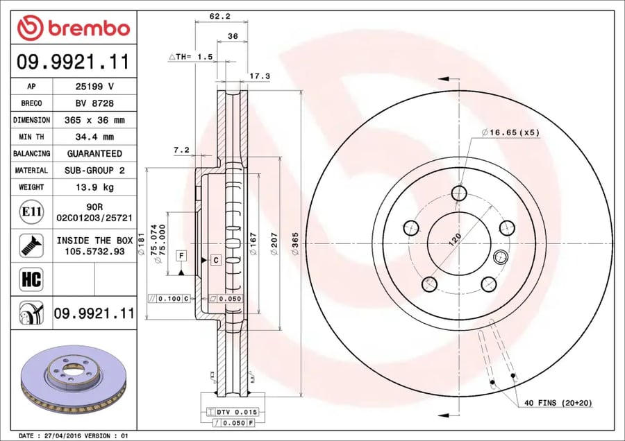 طقم هوب أمامي Brembo 09.9921.11