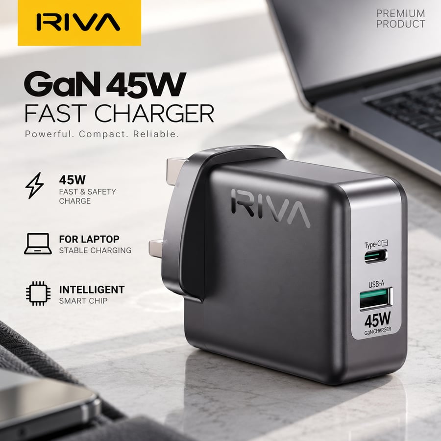 شاحن ريفا السريع 65 واط مع كيبل قابل للسحب – RIVA RV1-C90