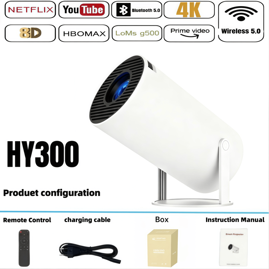 HY300 جهاز عرض صغير ذكي سماعة لاسلكية تعمل بالبلوتوث Android11.0Support1080P 4kDual جهاز عرض محمول لاسلكي Bluetooth5.4 داخلي