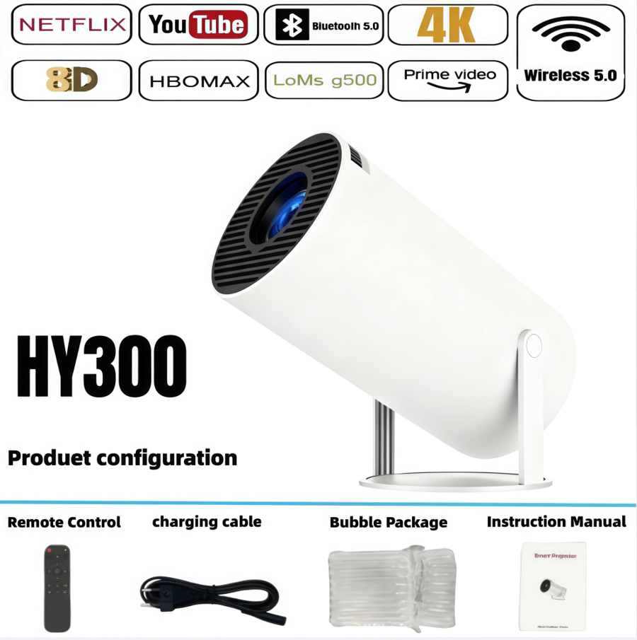 HY300 جهاز عرض صغير ذكي سماعة لاسلكية تعمل بالبلوتوث Android11.0Support1080P 4kDual جهاز عرض محمول لاسلكي Bluetooth5.4 داخلي