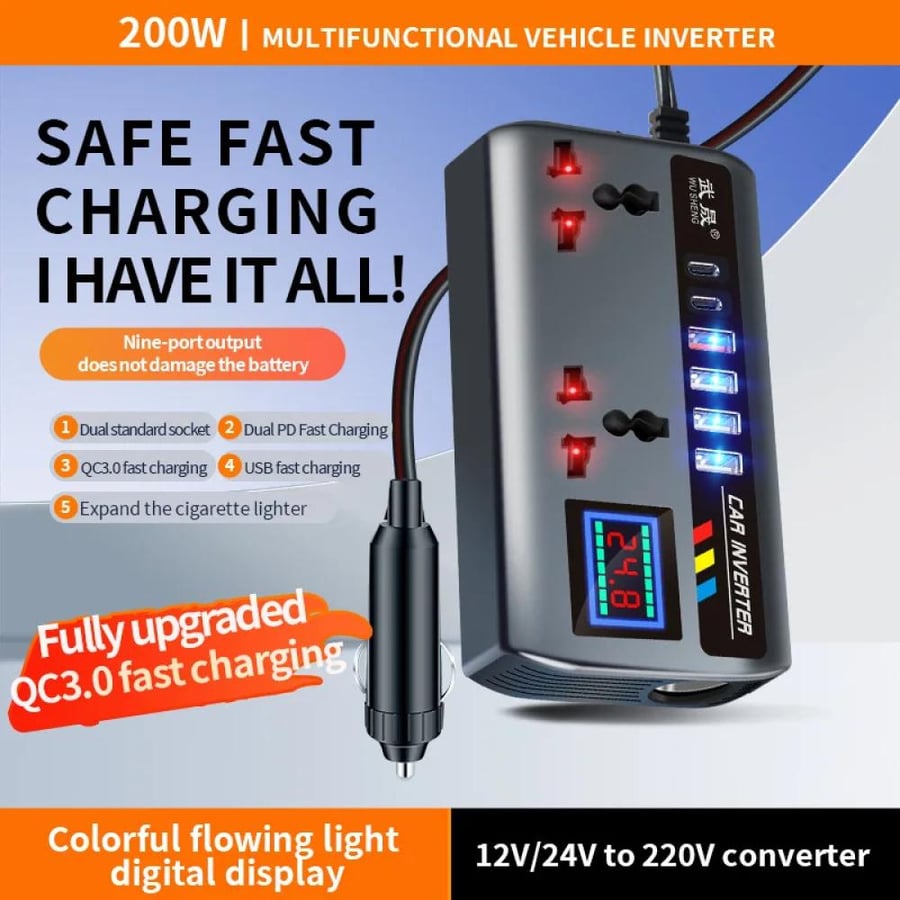 محول كهرباء السيارة الذكي من 12V/24V إلى 220V بـ 9 منافذ شحن وشاشة رقمية