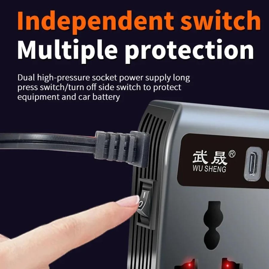 محول كهرباء السيارة الذكي من 12V/24V إلى 220V بـ 9 منافذ شحن وشاشة رقمية