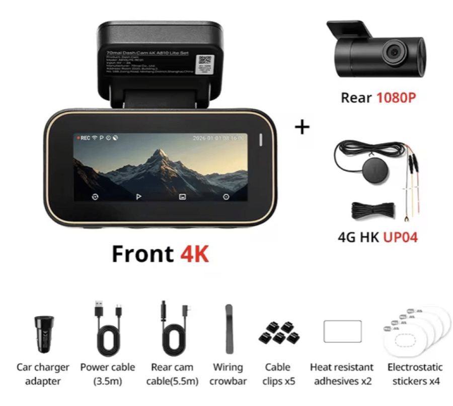 داش كام 70mai A810 Lite كبسولة 4K أمامي وخلفي مع كيبل 4G للتحكم عن بُعد (طقم كامل)