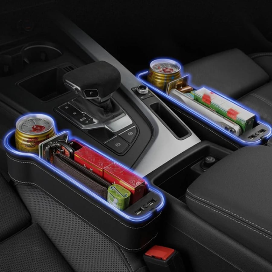 منظم شق مقعد السيارة الذكي مع إضاءة LED ملونة ومنافذ شحن USB وحامل أكواب