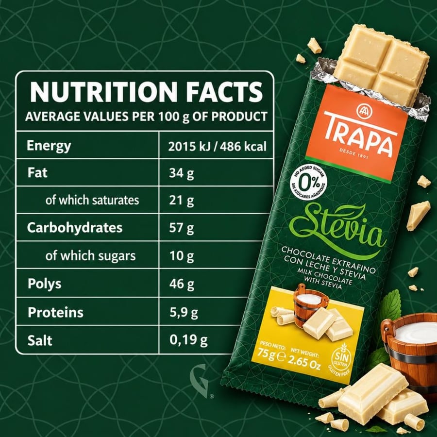 قيم غذائية لوح شوكولاتة محلى بستيفيا من ترابا 75 جم - شوكولاتة بيضاء
