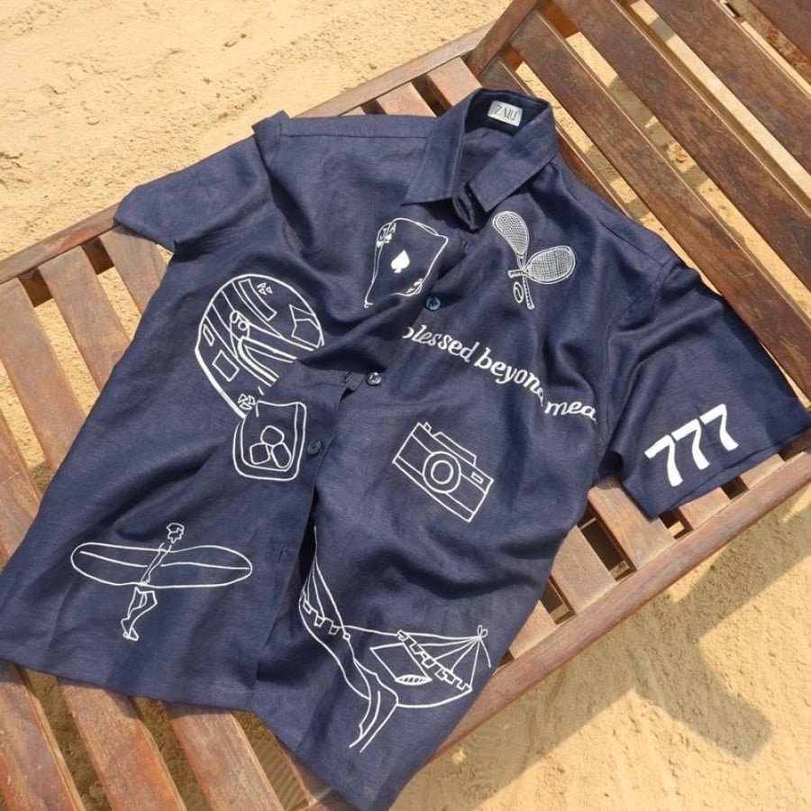 Navy linen shirt - Embroidered