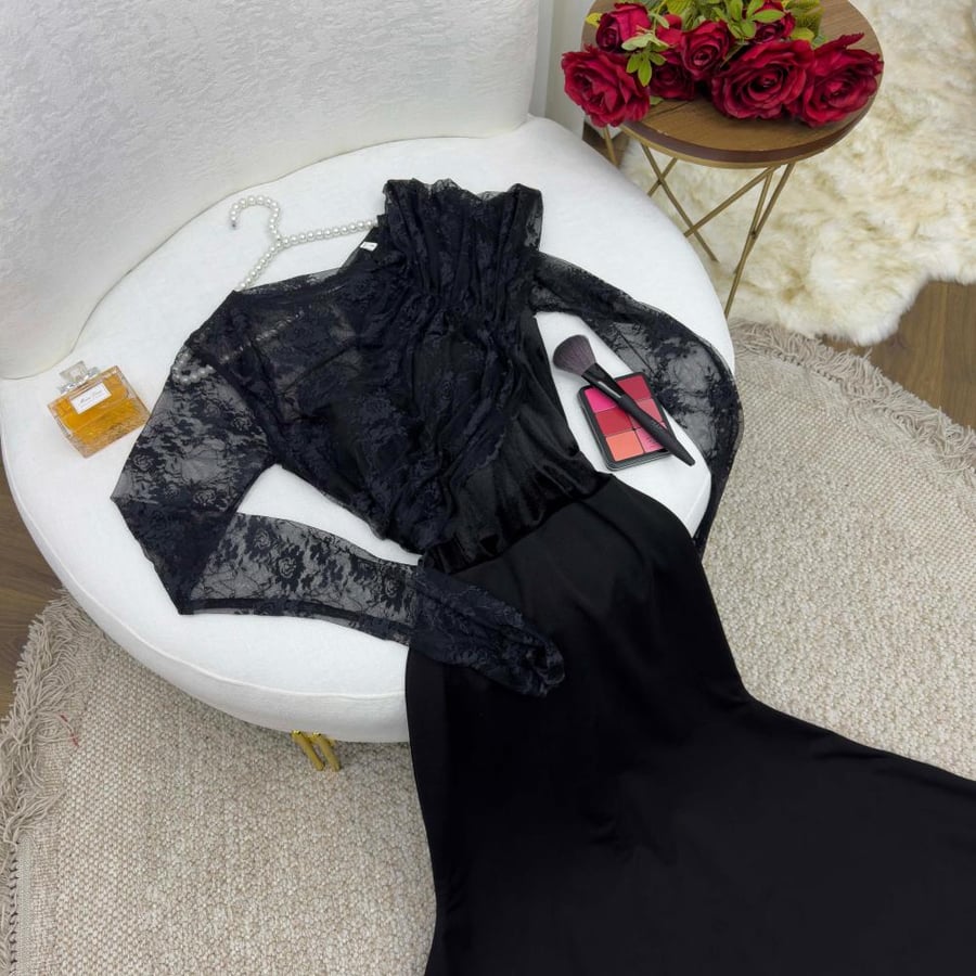 فستان سهره مخمل ودانتيل اسود