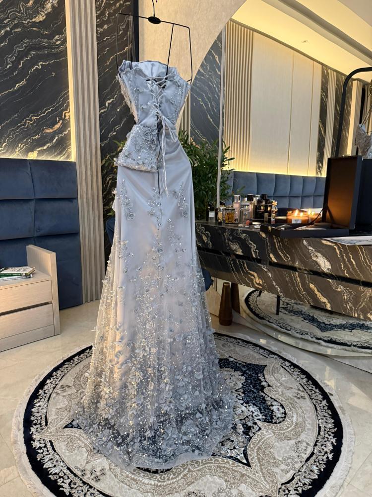 Elegant evening dress in gunmetal gray