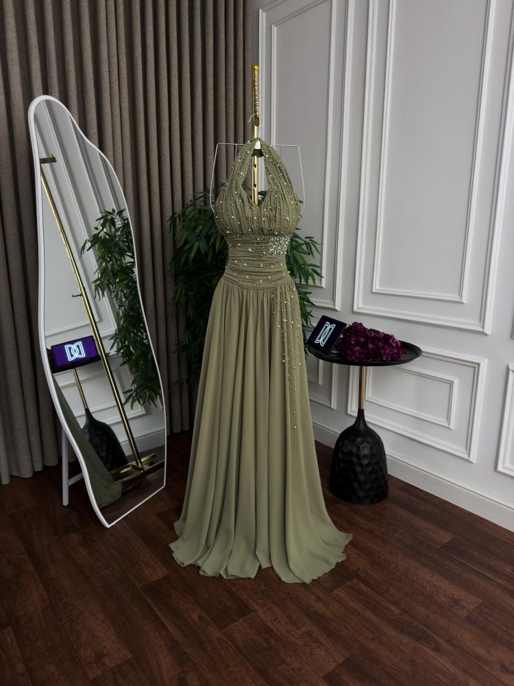 Elegant evening dress in olive green