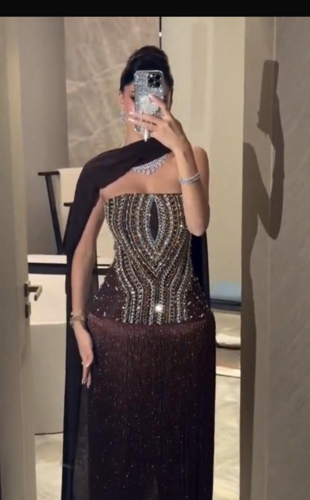 فستان  سهره فخم بني هدب