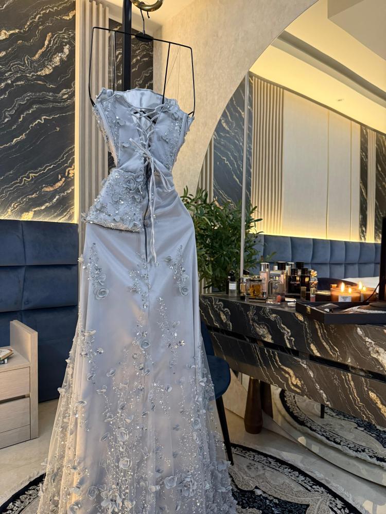 Elegant evening dress in gunmetal gray