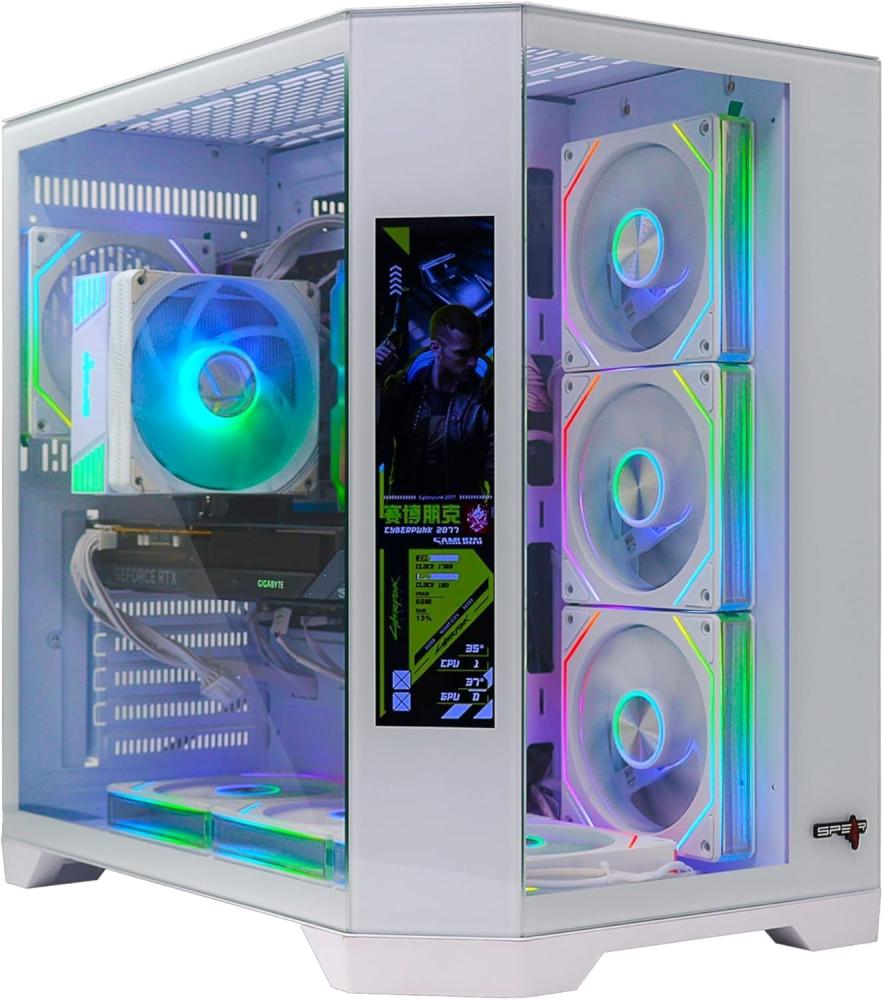 Spear Gaming PC – Intel i5-14400F, RTX 5060 8GB, 16GB DDR5, 1TB NVMe SSD 600W PSU, ATX Case with 7 ARGB Fans, Corner LCD Screen & Remote Control, Windows 11 Pro (White)