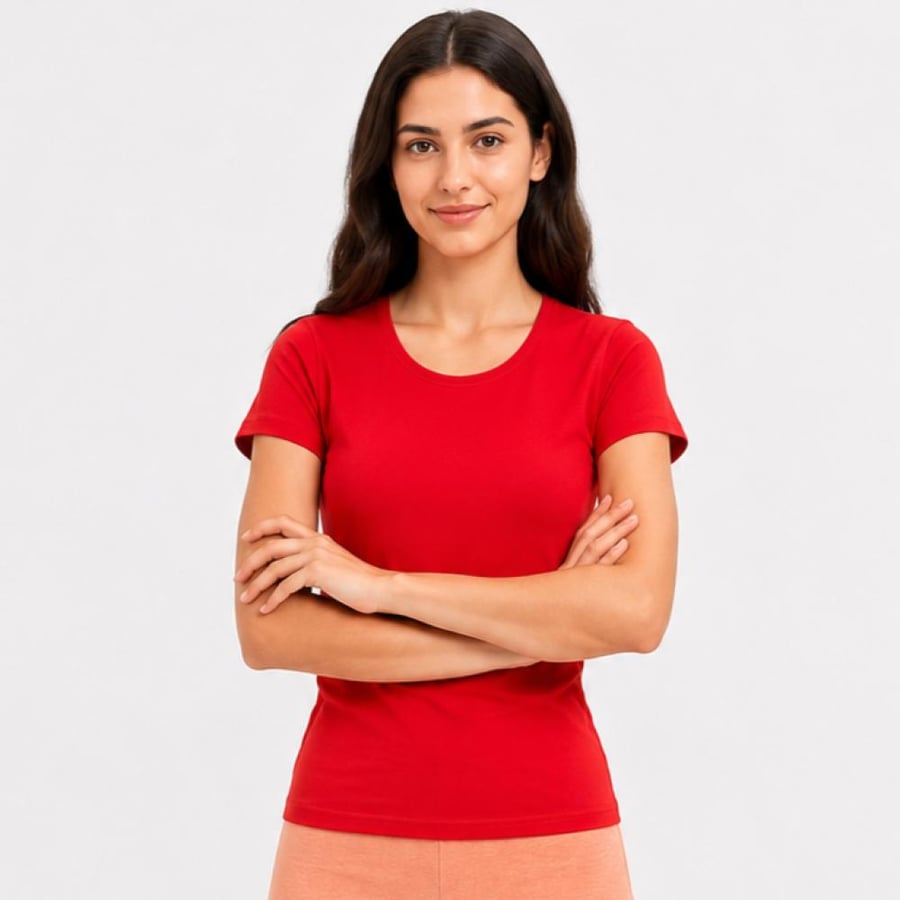 تي شيرت نسائي قطن ليكرا نصف كم بياقة دائرية