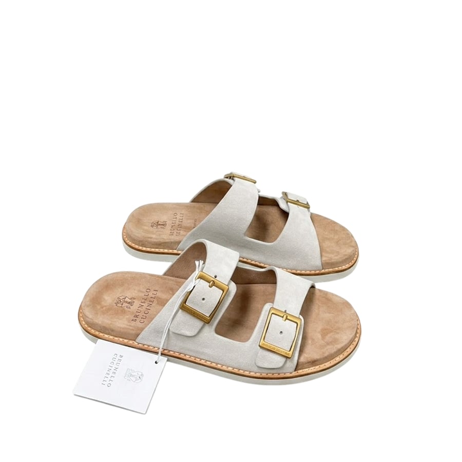 صندل برونيلو كوتشينيلي Brunello Cucinelli Leather and Suede Sandals أبيض