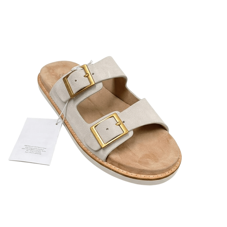 صندل برونيلو كوتشينيلي Brunello Cucinelli Leather and Suede Sandals أبيض