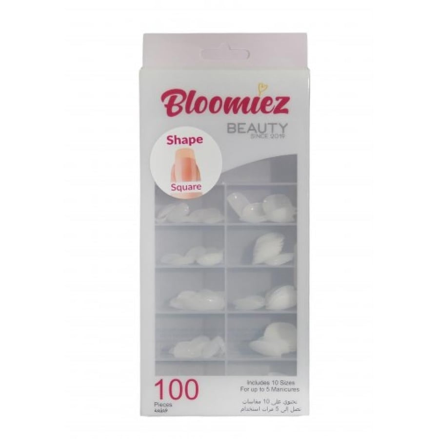 طقم أظافر بلوميز المربعة القصيرة - شفاف (100 قطعة) - Bloomiez Short Square Clear Nails