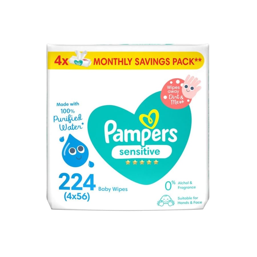 مناديل بامبرز سنسيتيف (Pampers Sensitive) المبللة للأطفال - 224 منديل - عبوة التوفير الشهرية