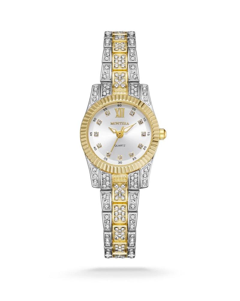 Women's watch, crystal, silver and gold, white dial