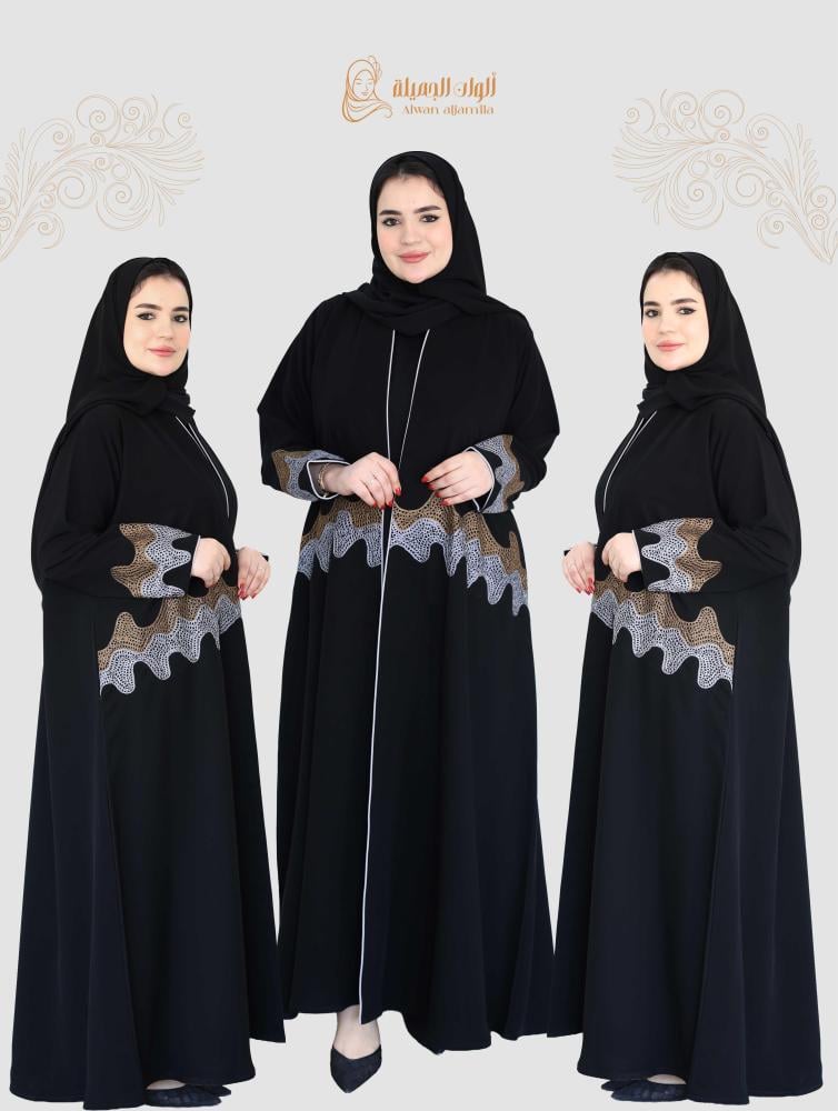 عباية سوداء كريب إندونيسي بتطريز عصري مزدوج فضي وذهبي