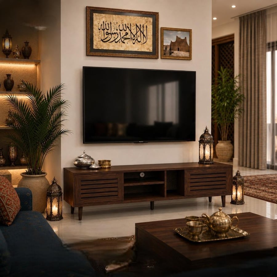 طاولة تلفزيون خشبية مودرن بتصميم شرائح ولون بني