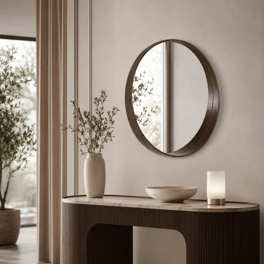 مرآة حائط بإطار بنى بجمال هادئ مقاس 80×80 سم