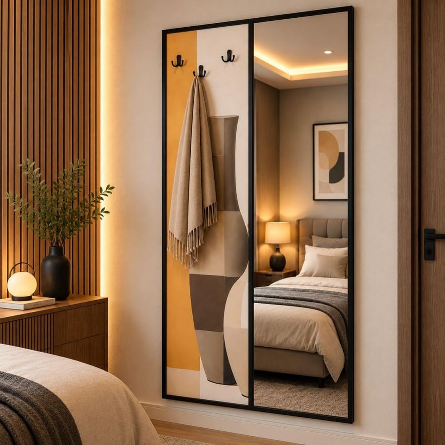 لوحة جدارية مع مرآة طولية وعلاقة ملابس برسم فازات هادئة مقاس 80×180 سم