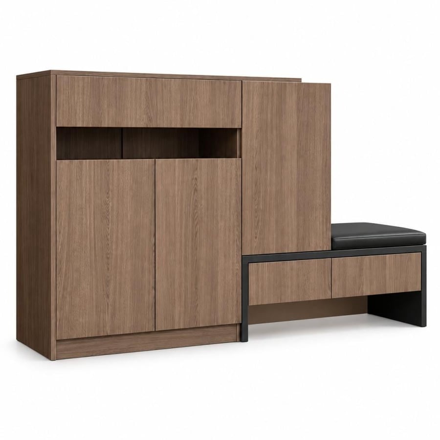 جزامة مدخل بنقشة خشبية ومقعد أسود جانبي ودرج