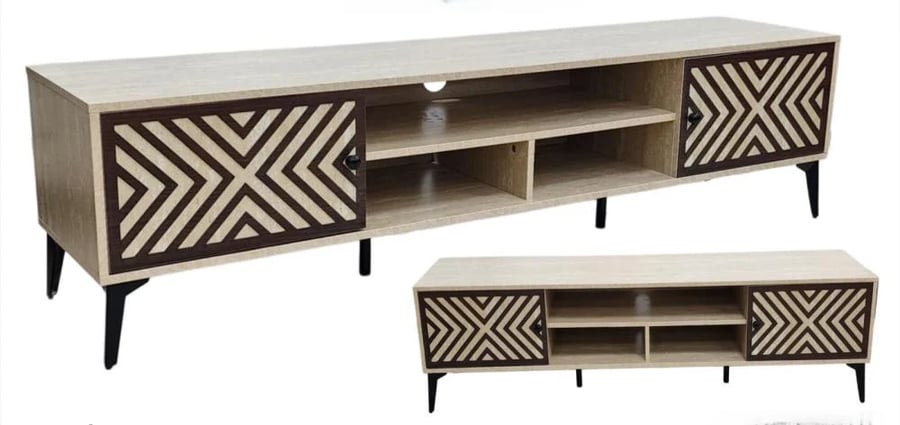 طاولة تلفاز بيج بتصميم هندسي - لمسة فنية معاصرة لمنزلك - مقاسات مختلفه