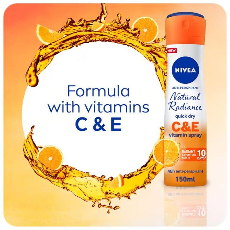 نيفيا – بخاخ مزيل عرق ناتشورال رادينس مع فيتامين C وE – 150 مل NIVEA Natural Radiance Anti-Perspirant Spray with Vitamin C & E – 150ml