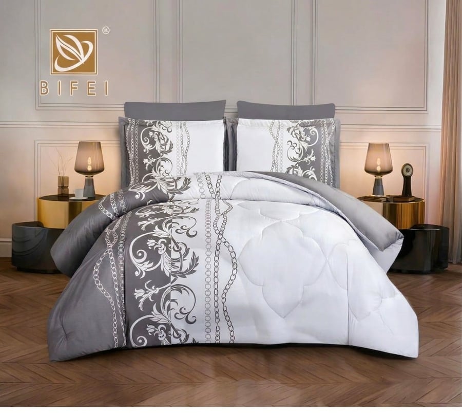طقم مفرش مزدوج (نفرين) 6 قطع - زخارف وسلاسل أبيض ورمادي BIFEI