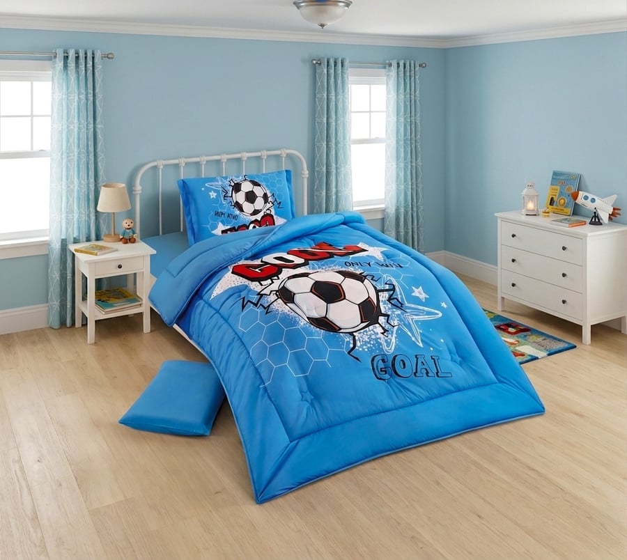 طقم مفرش أطفال 4 قطع "Goal" بتصميم كرة قدم للأولاد - أزرق BIFEI