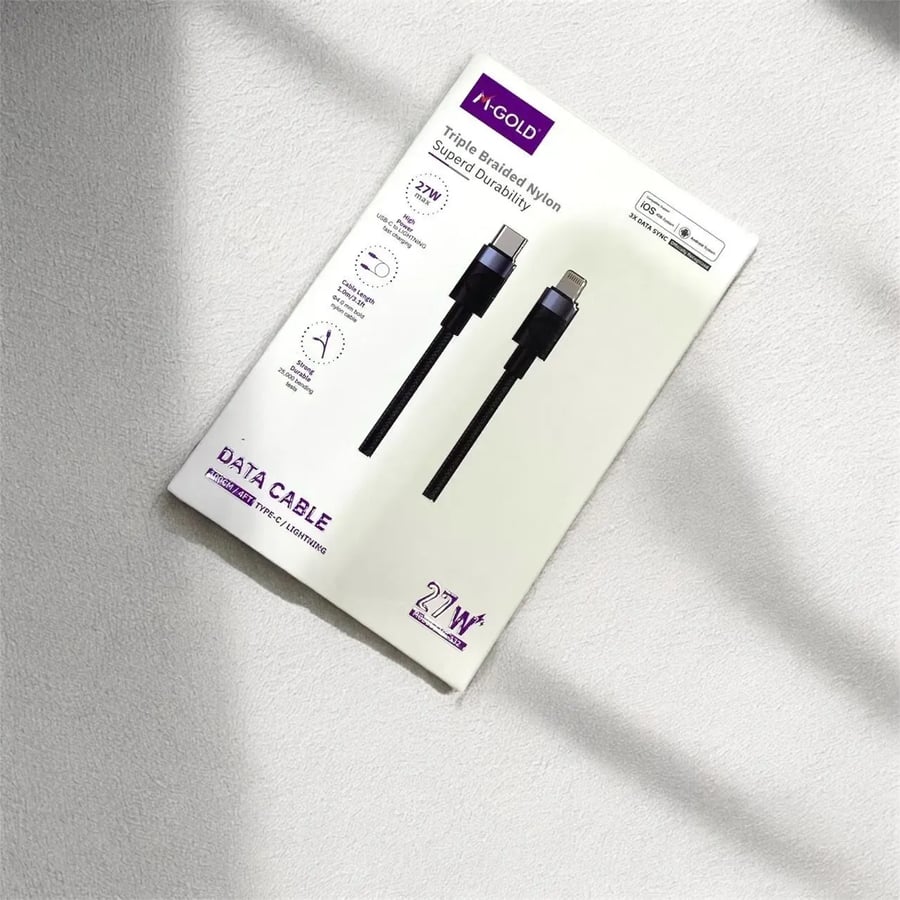 کابل شحن 1 متر USB-C إلى LIGHTNING (منفذ أيفون) مظفر من M-GOLD بقوة 27W