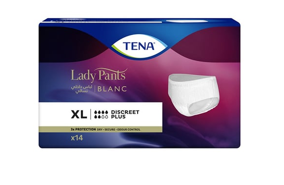 تينا كلوت ديسكرييت بلس للسيدات كبير جدا 14 قطعة . Tena Lady Pants Blanc Discreet Plus X Large 14 Pcs