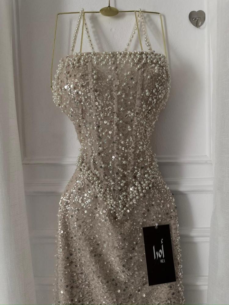 Beige Karadena Sequin and Lulu Dress