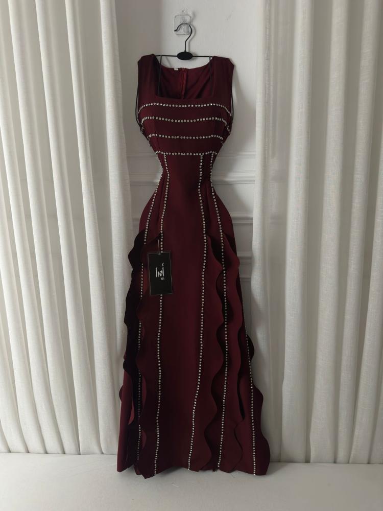 Burgundy Barbie dress with laser cutting and embroidery